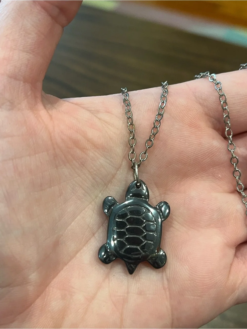 Hematite Turtle Pendant on Silver Tone Chain Necklace